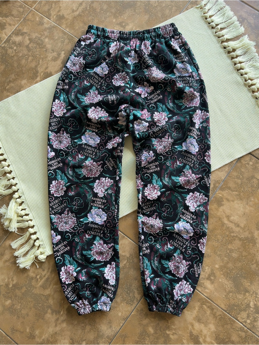 A$$holes Live Forever Black Multicolor Floral Peony Jogger Sweatpants